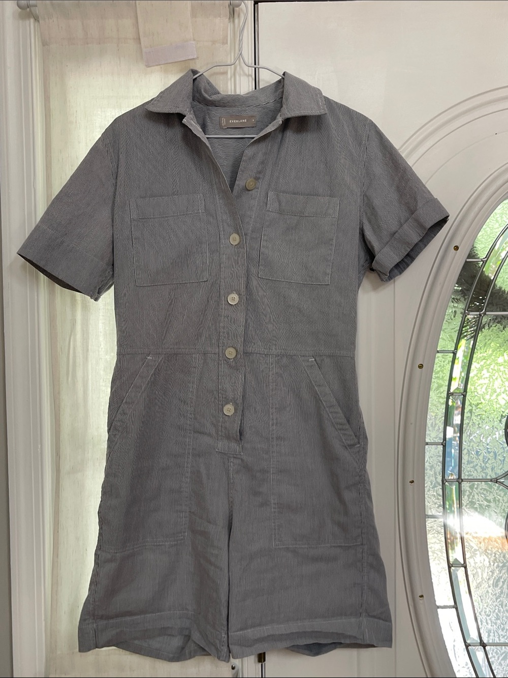 Everlane Gray Short-Sleeve Button-Up Utility Romper